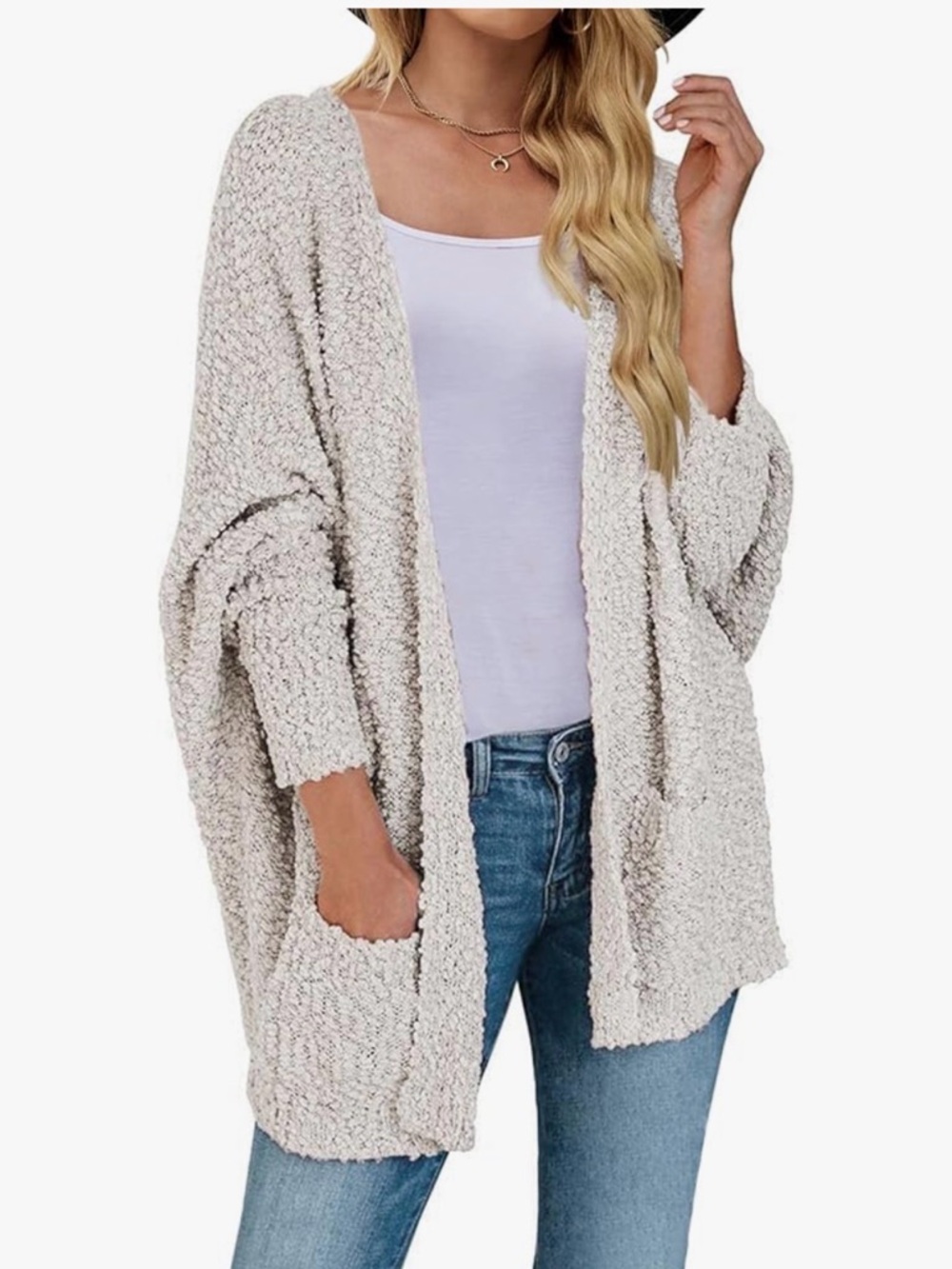 Open-Front Popcorn Knit Cardigan - Cream